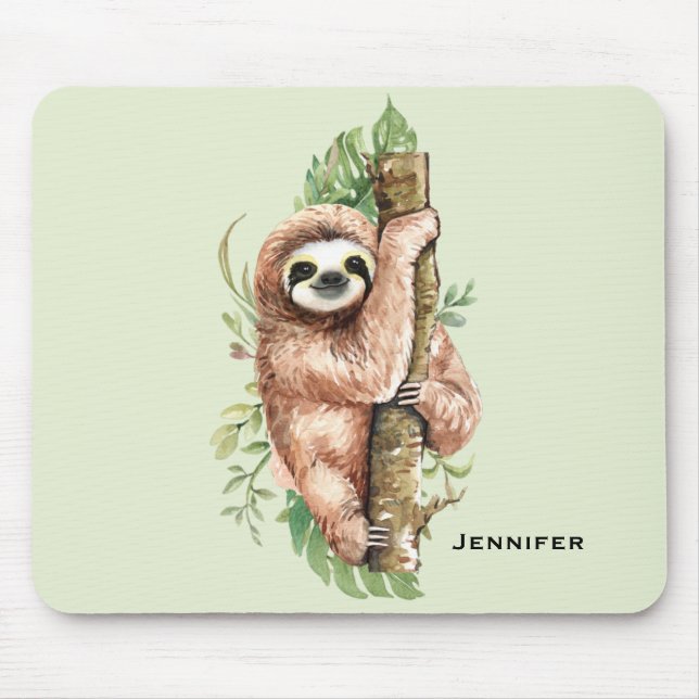 Cute Watercolor Sloth & Tropical Leaves Mouse Pad (Front)