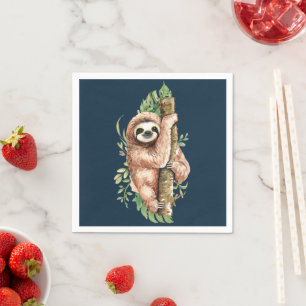 Cute Watercolor Sloth & Tropical Leaves Napkin