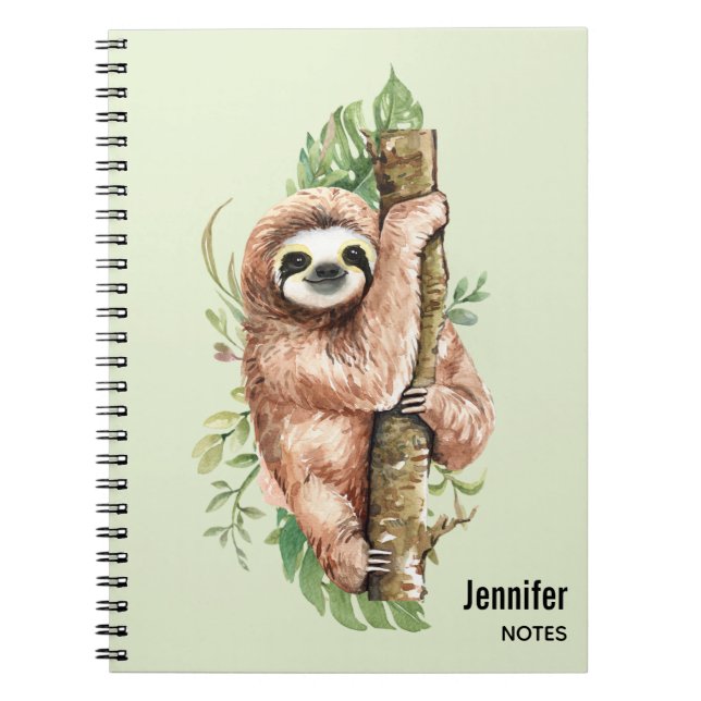 Cute Watercolor Sloth & Tropical Leaves Notebook (Front)