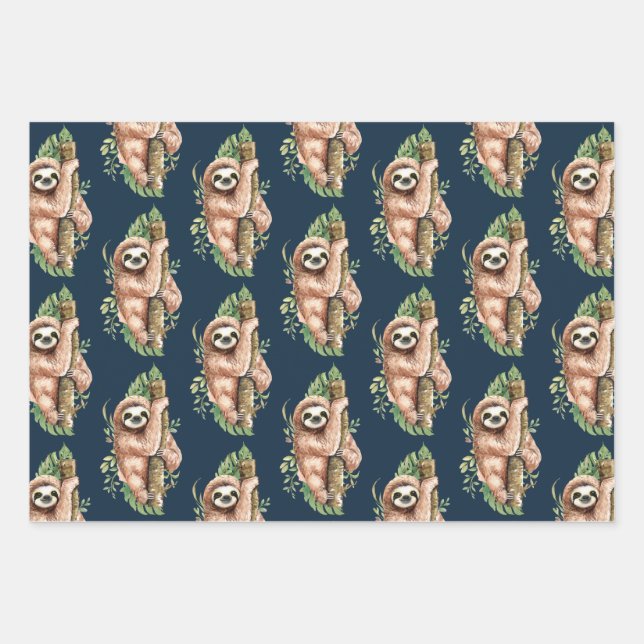 Cute Watercolor Sloth & Tropical Leaves Pattern Wrapping Paper Sheet (Front)