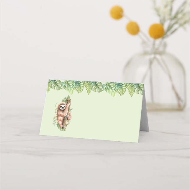 Cute Watercolor Sloth & Tropical Leaves Place Card (Front)