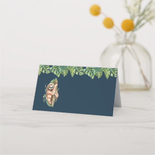 Cute Watercolor Sloth & Tropical Leaves Place Card