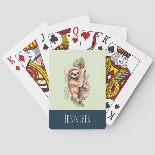Cute Watercolor Sloth & Tropical Leaves Playing Cards (Back)