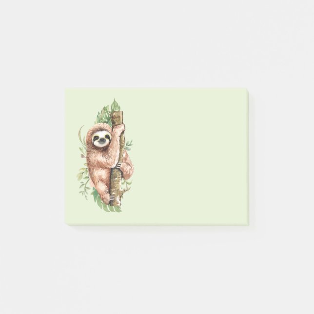 Cute Watercolor Sloth & Tropical Leaves Post-it Notes (Front)