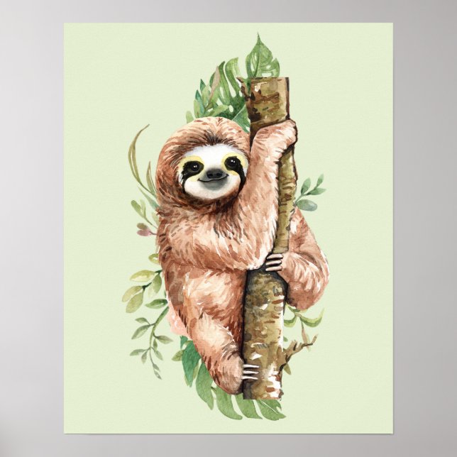 Cute Watercolor Sloth & Tropical Leaves Poster (Front)