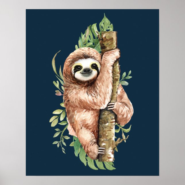 Cute Watercolor Sloth & Tropical Leaves Poster (Front)