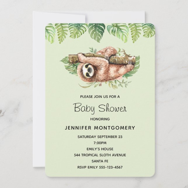 Cute Watercolor Sloth & Tropical Leaves Shower Invitation (Front)
