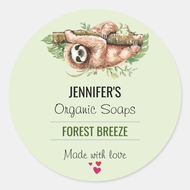Cute Watercolor Sloth & Tropical Leaves Soap Classic Round Sticker (Front)