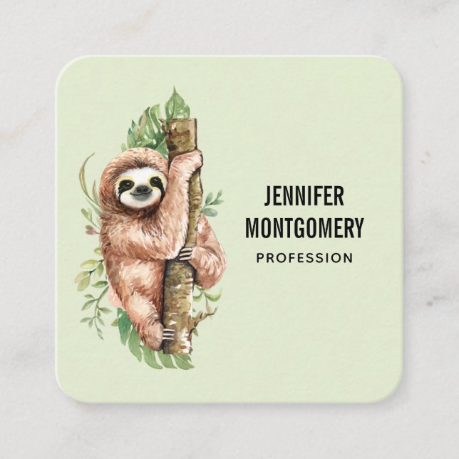 Cute Watercolor Sloth & Tropical Leaves Square Business Card (Front)