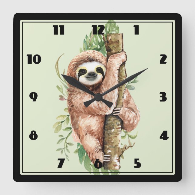 Cute Watercolor Sloth & Tropical Leaves Square Wall Clock (Front)