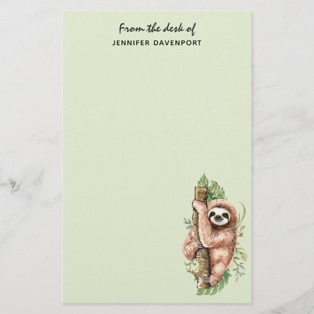 Cute Watercolor Sloth & Tropical Leaves Stationery (Front)