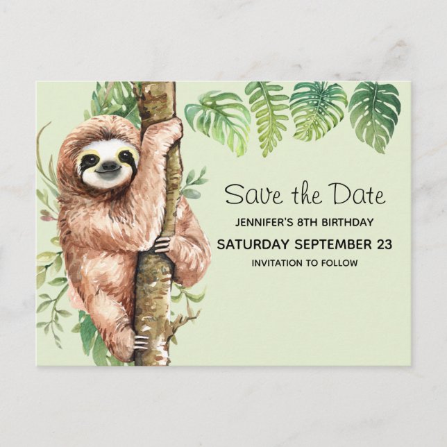 Cute Watercolor Sloth & Tropical Leaves STD Invitation Postcard (Front)