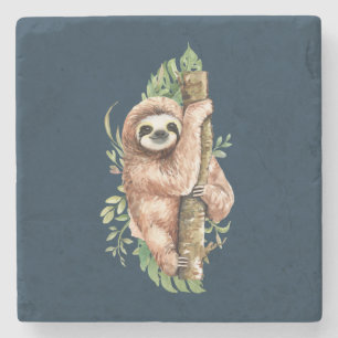 Cute Watercolor Sloth & Tropical Leaves Stone Coaster