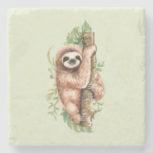 Cute Watercolor Sloth & Tropical Leaves Stone Coaster