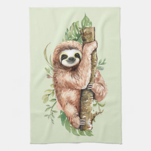Cute Watercolor Sloth & Tropical Leaves Tea Towel