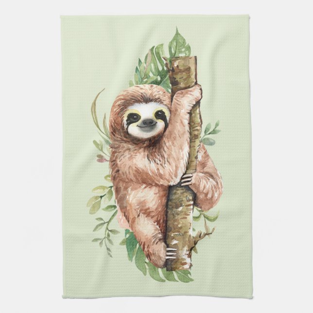 Cute Watercolor Sloth & Tropical Leaves Tea Towel (Vertical)