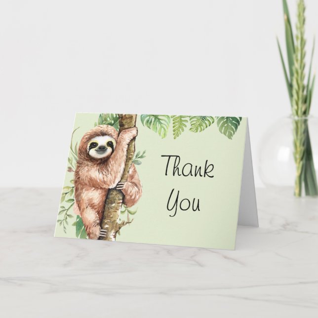 Cute Watercolor Sloth & Tropical Leaves Thank You Card (Front)