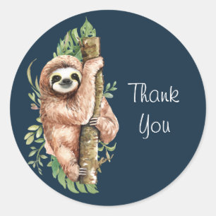 Cute Watercolor Sloth & Tropical Leaves Thank You Classic Round Sticker
