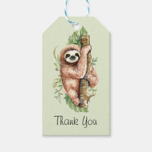Cute Watercolor Sloth & Tropical Leaves Thank You Gift Tags
