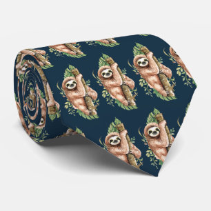 Cute Watercolor Sloth & Tropical Leaves Tie