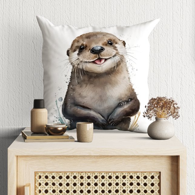 Cute Watercolor Smiling Happy Otter Cushion (Creator Uploaded)