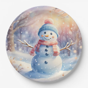 Cute Watercolor Snowman in Winter Wonderland Paper Plate