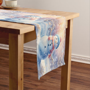 Cute Watercolor Snowman in Winter Wonderland Short Table Runner
