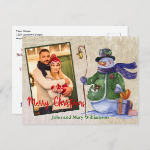 Cute Watercolor Snowman Photo Christmas Postcard
