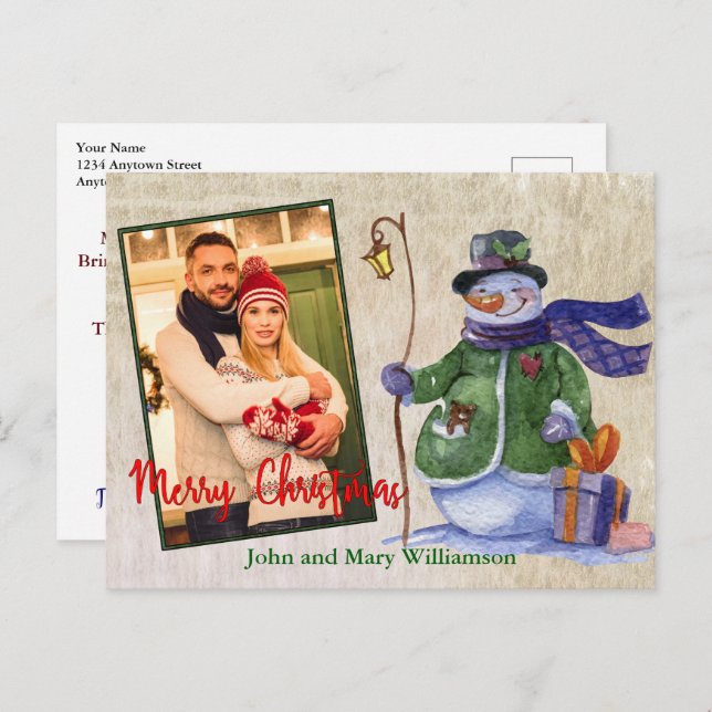 Cute Watercolor Snowman Photo Christmas Postcard (Front/Back)