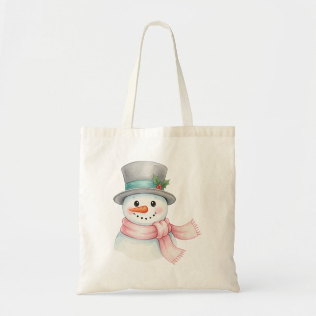 Cute Watercolor Snowman with Pink Scarf Holiday Tote Bag (Front)