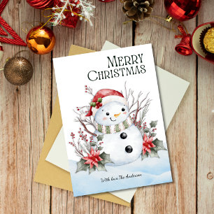 Cute Watercolor Snowman with Santa Hat & Floral Holiday Card