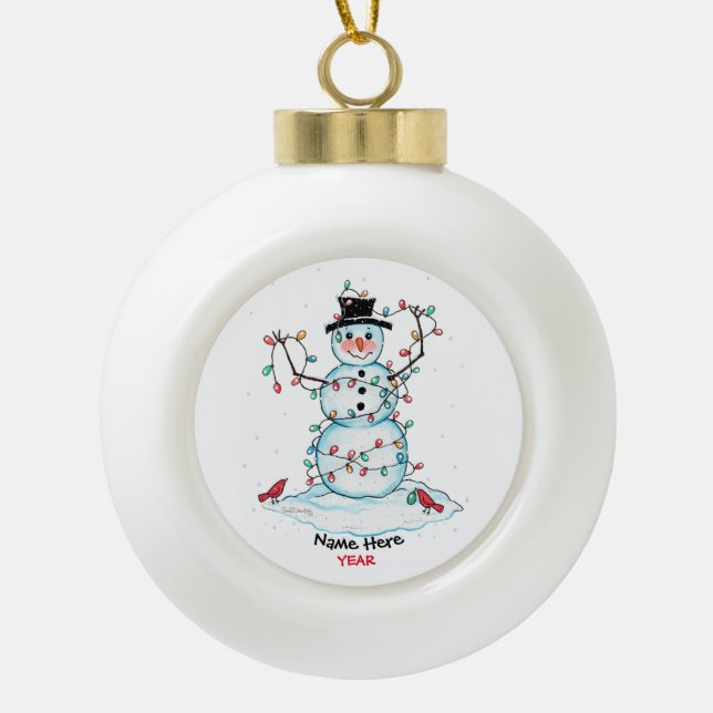 Cute Watercolor Snowman Wrapped in Lights Ornament (Front)