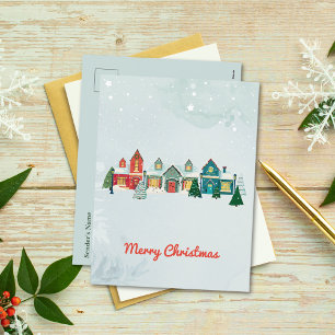 Cute Watercolor Snowy Village Christmas Holiday Postcard