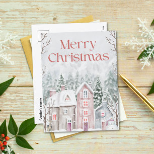 Cute Watercolor Snowy Village Merry Christmas Holiday Postcard