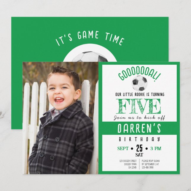 Cute Watercolor Soccer Photo Green Birthday Invitation (Front/Back)