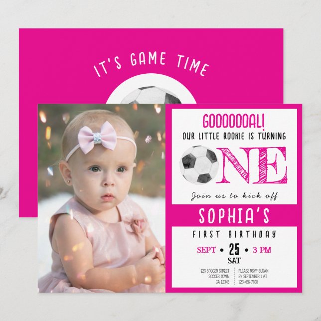 Cute Watercolor Soccer Photo Pink 1st Birthday Invitation (Front/Back)