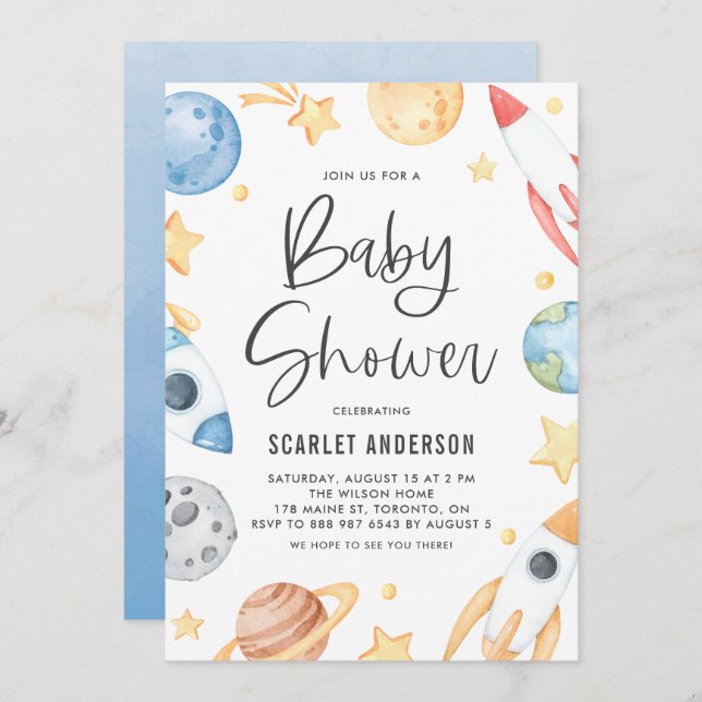 Cute Watercolor Space Theme Baby Shower Invitation (Front/Back)