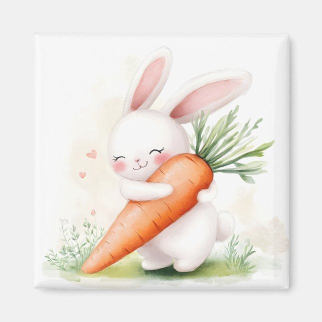Cute Watercolor Spring Bunny Carrot Magnet (Front)