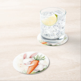 Cute Watercolor Spring Bunny Carrot Round Paper Coaster