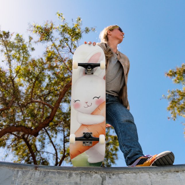 Cute Watercolor Spring Bunny Carrot Skateboard (Outdoor 1)