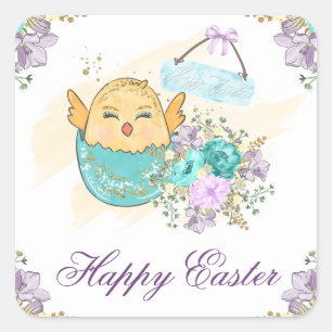 Cute Watercolor Spring Floral Chick in Egg Easter Square Sticker