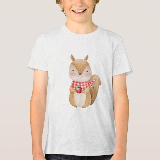 Cute Watercolor Squirrel Holding Apple Illustratio Tri-Blend Shirt (Front)
