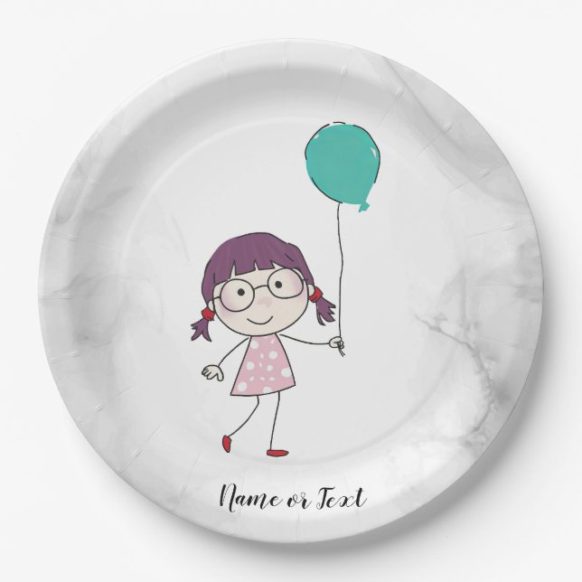 Cute Watercolor Stick Girl Teal Balloon Elegant Paper Plate (Front)