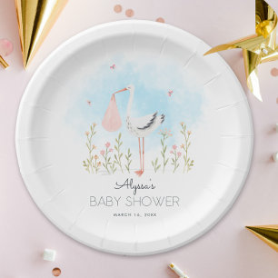 Cute Watercolor Stork Baby Shower Paper Plate