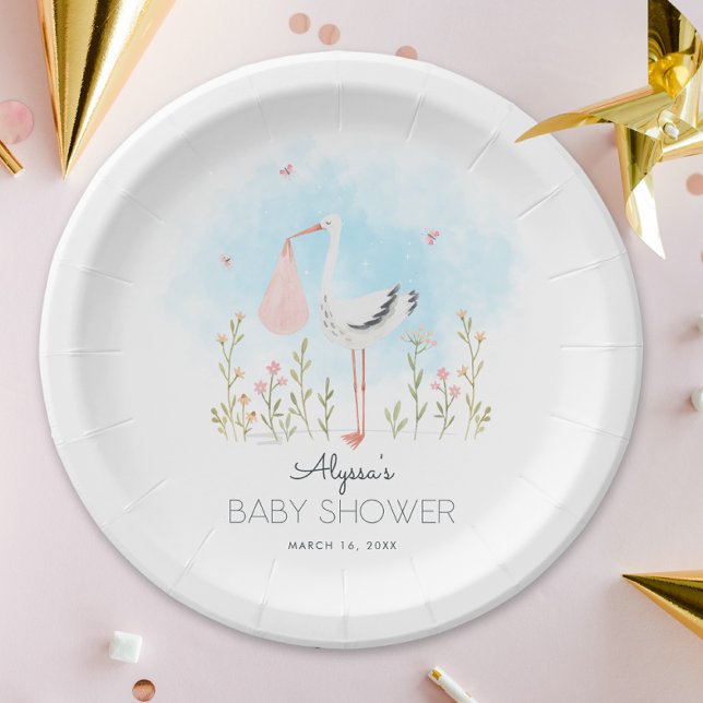 Cute Watercolor Stork Baby Shower Paper Plate (Creator Uploaded)