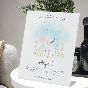 Cute Watercolor Stork Baby Shower Welcome Pedestal Sign