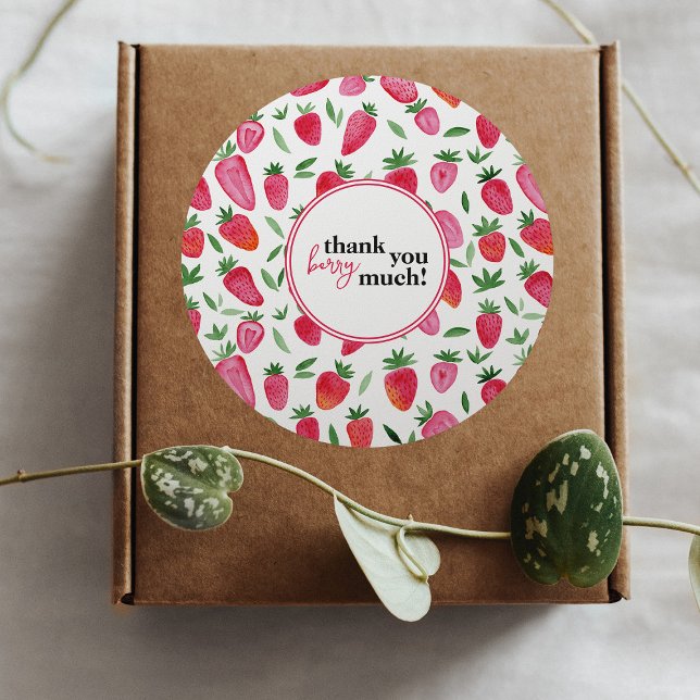 Cute watercolor strawberries pattern thank you classic round sticker (Creator Uploaded)