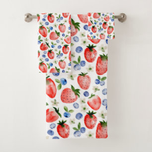 Cute Watercolor Strawberry and Blueberry Pattern Bath Towel Set