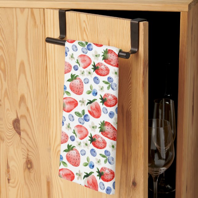 Cute Watercolor Strawberry and Blueberry Pattern Tea Towel (Thirds Fold)