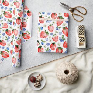 Cute Watercolor Strawberry and Blueberry Pattern Wrapping Paper
